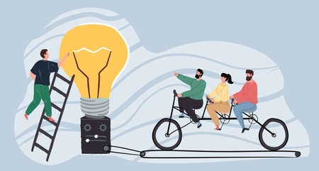 Vector flat cartoon characters,successful startup team rides bicycle to huge light bulb,making it shine-new ideas search,idea creation and birth,success achievement concept,web site ad banner designのイラスト素材