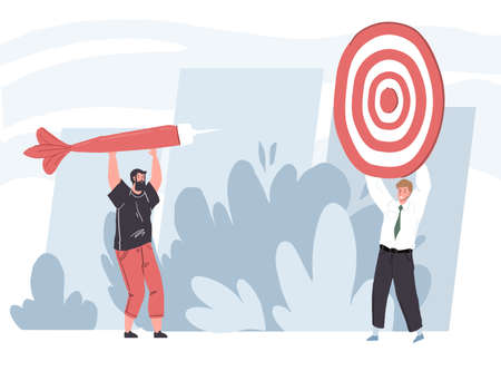 Vector flat cartoon characters teamwork metaphor,businessman holds huge target above head,other man aiming with dart-success goal achievement,effective teamwork concept,web site ad banner designのイラスト素材