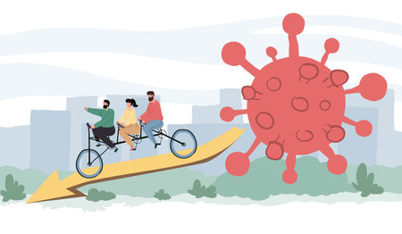 Vector flat cartoon characters rides tandem bicycle escaping from giant coronavirus-covid infection...