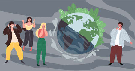 Vector flat cartoon characters shocked by state of planet Earth-environmental pollution problem,chemical toxic substances and heavy metals use,environmental protection concept,web site banner designのイラスト素材