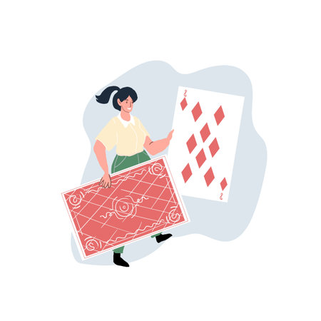 Vector flat cartoon character with playing card building house of cards-metaphor for beginning of...