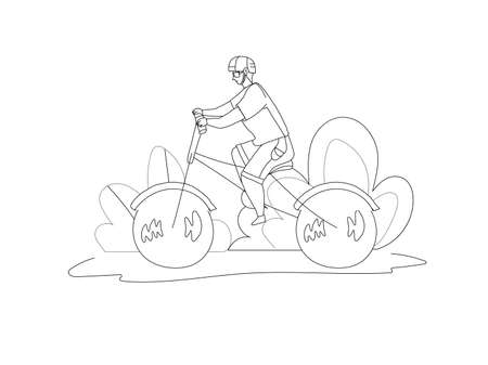 Man in helmet cycling outdoor line vector illustration. Male character on bicycle. Healthy lifestyle, sport recreation, eco-friendly transportation conceptのイラスト素材
