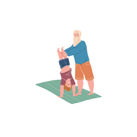 Vector cartoon family characters doing sports together,dad and little girl do gymnastics exercises-happy childhood,sporty healthy family relationships social concept,web site banner ad designのイラスト素材