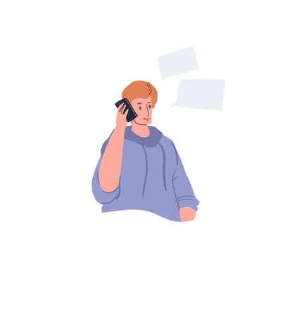 Vector cartoon flat man character with message text balloons joyfully talks using smartphone-positive emotions,friendship,relationships,social media concept,web site banner ad designのイラスト素材