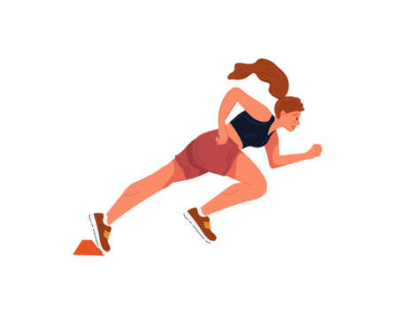 Vector flat cartoon woman character runs isolated on empty background.Stylish young athlete doing sports,running-life scene,healthy sporty lifestyle social concept,web site banner ad designのイラスト素材