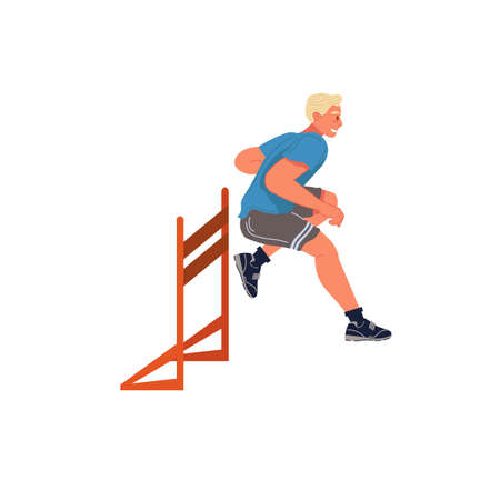 Vector flat cartoon man character runs,jumping over barrier isolated on empty background.Young athlete doing sports,hurdling-healthy lifestyle,professional sport concept,web site banner ad designのイラスト素材
