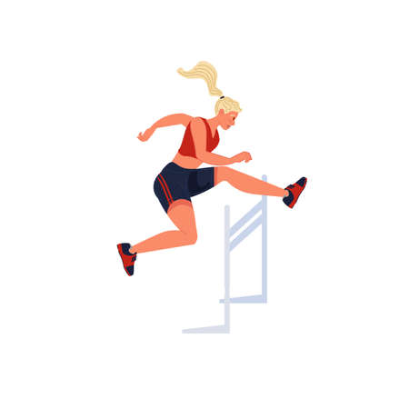 Vector flat cartoon woman character runs,jumping over barrier isolated on empty background.Young athlete doing sports,hurdling-healthy lifestyle,professional sport concept,web site banner ad designのイラスト素材