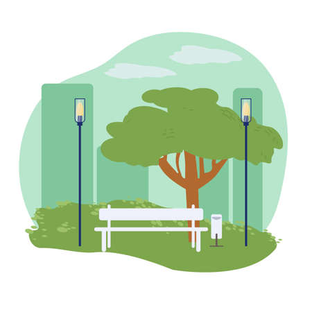 Vector cartoon flat tree,bench,street light lamps on empty background-scenery of ecological organic urban green space for people recreation,city park elements concept,web online banner,ad,site designのイラスト素材