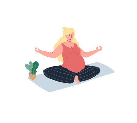 Vector flat cartoon character,pregnant woman sitting in lotus position-pregnancy yoga courses for new mothers,childbirth preparation,healthy happy motherhood social concept,web site banner ad designのイラスト素材