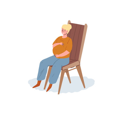 Vector flat cartoon character,pregnant woman sitting,listening to lecture-pregnancy courses for new mothers,childbirth preparation,healthy happy motherhood social concept,web site banner ad designのイラスト素材