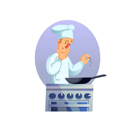 Vector cartoon flat man character chef at kitchen stove,adding spices to meal in pan-catering industry restaurant kitchen interior,professional food cooking workflow concept,web site banner ad designのイラスト素材