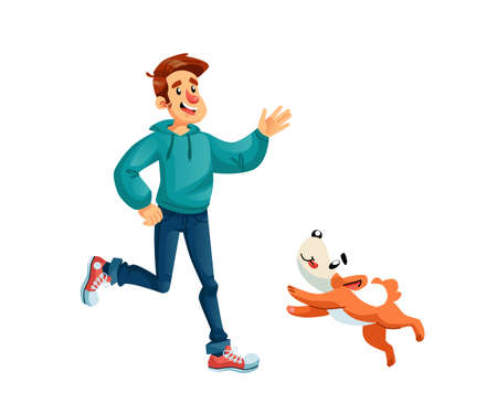 Vector cartoon flat young man character walks and plays with dog isolated on empty background-emotions,human and domestic animal friendly relationships,pet care concept,web site banner ad designのイラスト素材