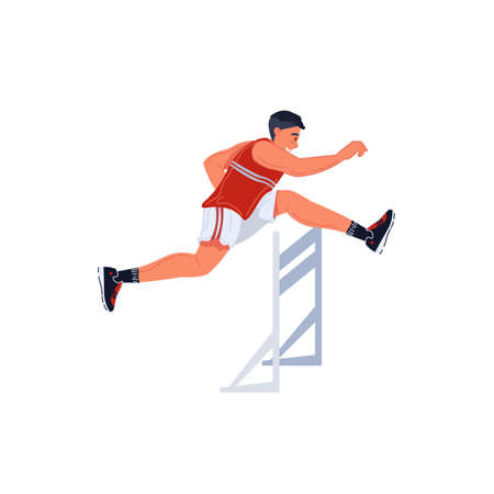 Vector flat cartoon man character runs,jumping over barrier isolated on empty background.Young athlete doing sports,hurdling-healthy lifestyle,professional sport concept,web site banner ad designのイラスト素材