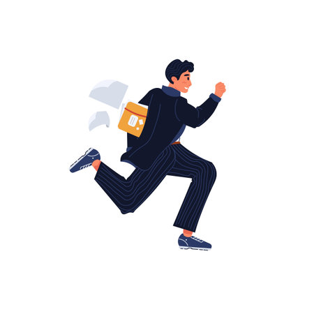 Vector cartoon flat office character running in hurry,businessman at work process isolated on empty background-effective professional workflow and time management concept,web site banner ad designのイラスト素材