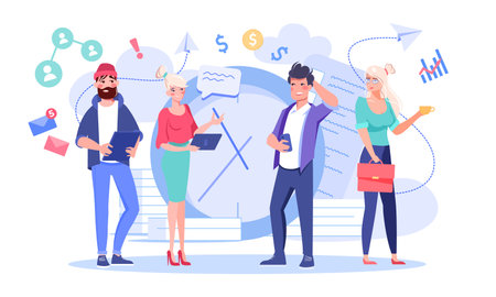 Puzzled business people standing under giant clock flat vector illustration. Time management, employee control, effective office work conceptのイラスト素材