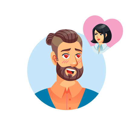 Vector flat cartoon young hipster man character head avatar,male face with loving expression emotion on empty background-fashion lifestyle,social media concept,web site banner ad designのイラスト素材