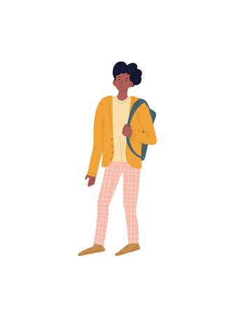 Vector cartoon flat hipster man character in stylish outfit with backpack isolated on empty background-young people life,trendy collection and fashion lifestyle concept,web site banner ad designのイラスト素材