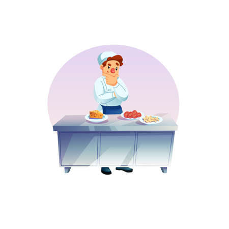 Vector cartoon flat man character chef cooks meal,choosing ingredients-catering industry restaurant kitchen interior,professional food cooking workflow concept,web site banner ad designのイラスト素材