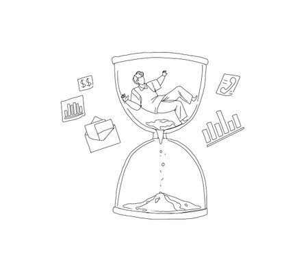 Man drowning in sand hourglasses outline vector illustration. Time management metaphor, multitasking...