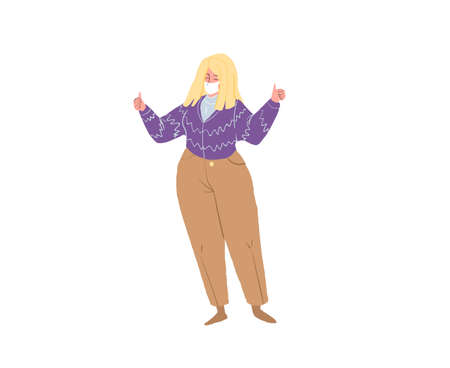 Vector cartoon flat woman character in face mask in joyful happy mood rejoice,happily gesticulate protection,emotions,positive social concept,medical web site banner ad designのイラスト素材