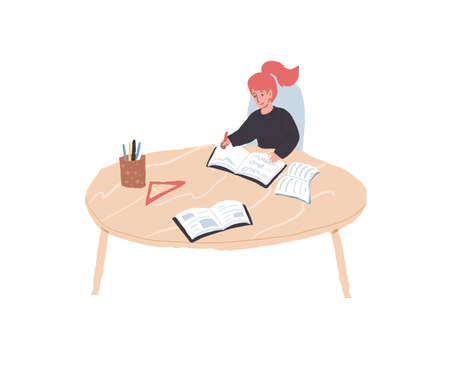 Vector cartoon flat girl character student of primary school study,do homework at table with schools supplies-happy fun childhood and learning educational concept,web site banner ad designのイラスト素材