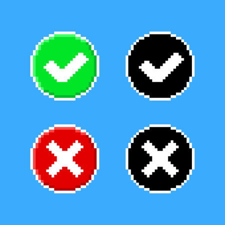 Check mark and cross symbols in pixel art styleのイラスト素材