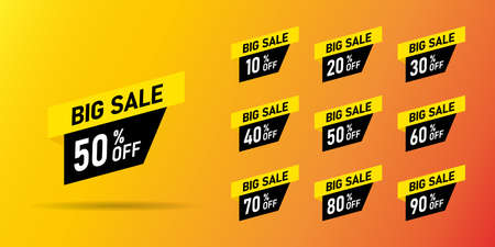 Collection of black and yellow discount tags for sale bannerのイラスト素材