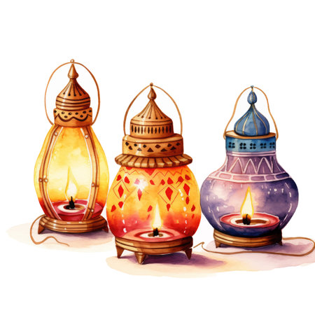 Illustration of three oil lamps on a white background. Watercolorのイラスト素材