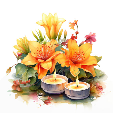watercolor painting of lily flower, candle and leaves on white backgroundのイラスト素材
