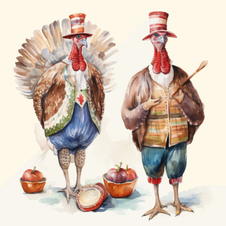 Watercolor illustration of an old farmer with a hat and a turkeyのイラスト素材