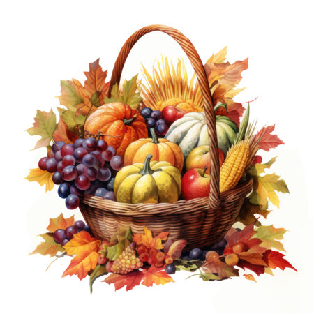 Basket with autumn fruits and vegetables. Watercolor illustration isolated on white backgroundのイラスト素材