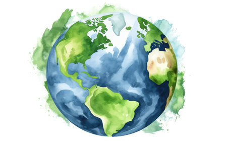Watercolor Earth planet with blue watercolor background. Vector illustration.のイラスト素材