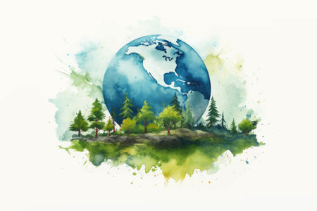 Watercolor illustration of nature landscape with trees, forest and earth globeのイラスト素材