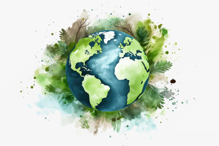 Watercolor Earth with green leaves on white background. Vector illustration.