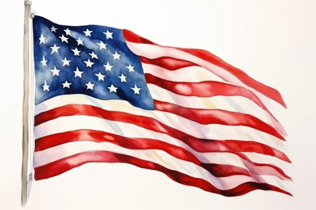 American flag waving in the wind on a white background. 3d renderingのイラスト素材