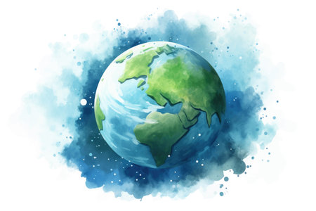 Watercolor planet earth on blue watercolor background. Vector illustration.のイラスト素材