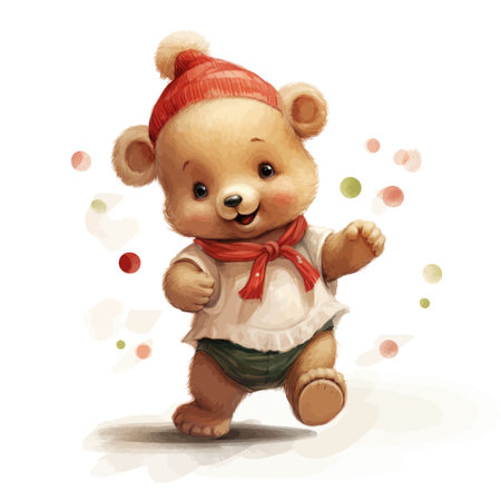 Cute teddy bear in a red cap with a bow.のイラスト素材