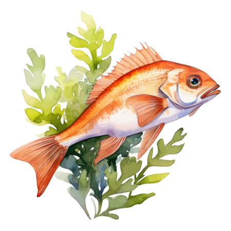 Watercolor vector illustration of a red fish on a white background.