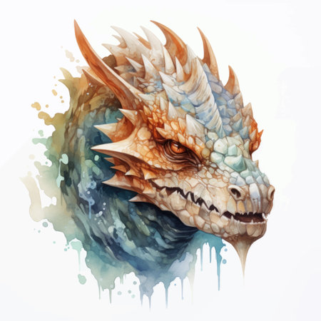 dragon head isolated on white background, watercolor illustration, hand drawnのイラスト素材