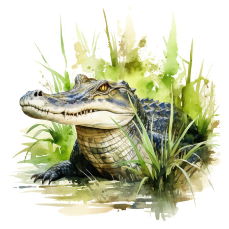 Watercolor crocodile in the grass. Hand-drawn illustration.のイラスト素材