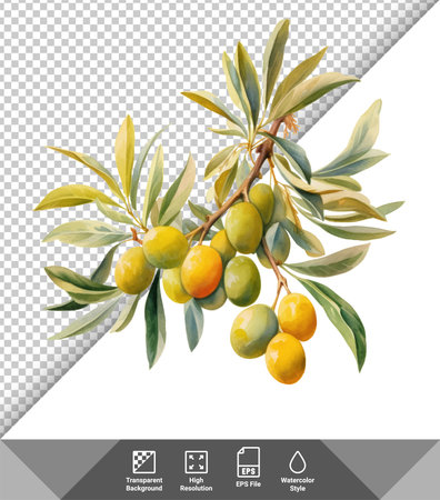 Olive branch with olives. Watercolor illustration isolated on transparent background.のイラスト素材