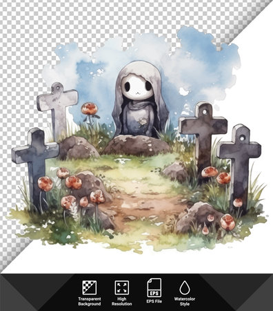 Halloween background. Watercolor illustration of a scary ghost at the cemetery.のイラスト素材