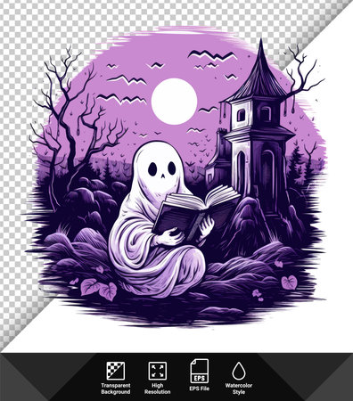 Halloween background with ghost, castle and magic book. Vector illustration.のイラスト素材