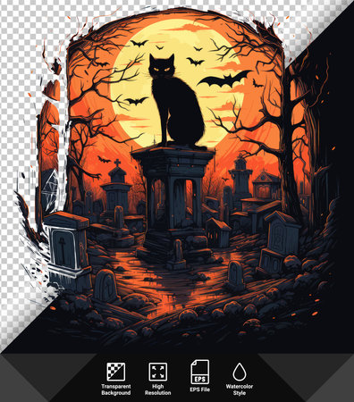 Halloween background with cemetery, bats and cat. Vector illustration.のイラスト素材