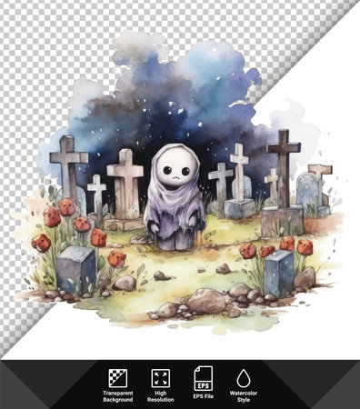 Halloween night cemetery with scary ghost. Watercolor illustration isolated on white background.のイラスト素材