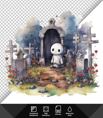 Halloween background with creepy ghost and cemetery. Watercolor illustration.のイラスト素材