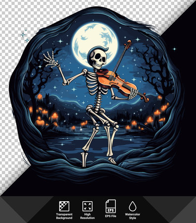 Halloween poster with skeleton playing the violin in the night. Vector illustrationのイラスト素材