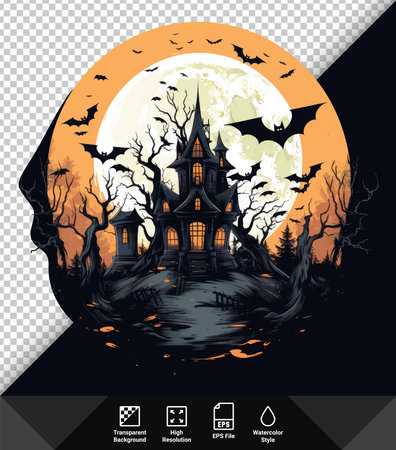 Halloween night background with haunted house and full moon. Vector illustration.のイラスト素材