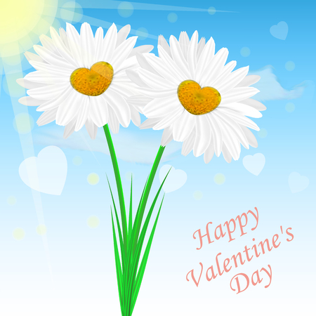 Vector image of realistic chamomile flowers on the background of the sky. Congratulatory Valentine's Day cardのイラスト素材