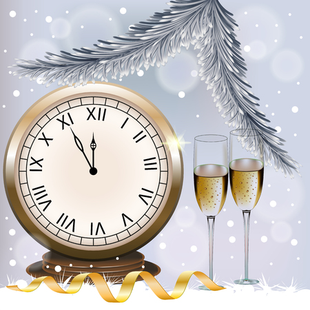 Vector image of a New Year card featuring an ancient watch, glasses of champagne wine, serpentine and sprigs of fir trees on a snow-covered backgroundのイラスト素材
